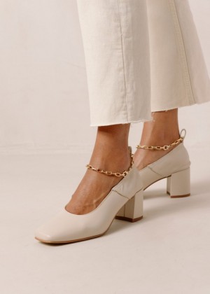 Women's Alohas Agent Anklet Leather Pumps With Anklet Chain Heels White NZ | U5O-7744