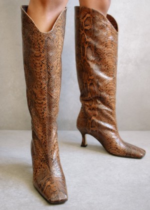 Women's Alohas Billy Indo Snake-effect Leather Knee-high Boots With Stiletto Heel Knee High Boots Brown NZ | F2B-4588