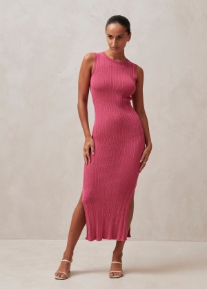 Women's Alohas Breezy Glim Ribbed Midi Dress Dresses Pink NZ | L5S-6382