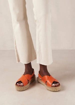 Women's Alohas Crossed Leather Cross-strap Espadrilles With Platform Soles Sandals Orange NZ | E8S-1728