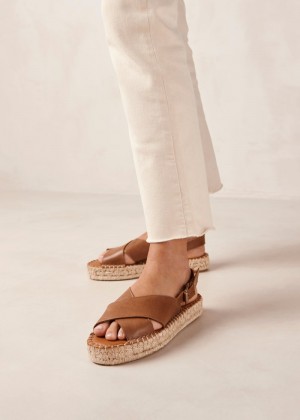 Women's Alohas Crossed Leather Cross-strap Espadrilles With Platform Soles Espadrilles Brown NZ | L0D-9723