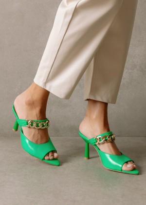 Women's Alohas Daisy Leather Heeled Sandals Heels Green NZ | T5H-5368