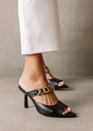 Women's Alohas Daisy Leather Pointy Mules With Chain Heels Black NZ | E0N-4915