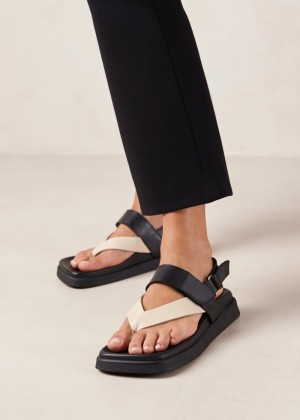 Women's Alohas Decade Leather Thong Sandals With Ankle Strap Sandals Black / White NZ | W5R-4926