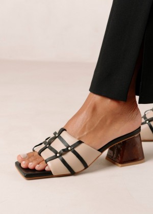 Women's Alohas Diorite Leather Mules With Block Heel Heels Black / Beige NZ | Y6D-3036