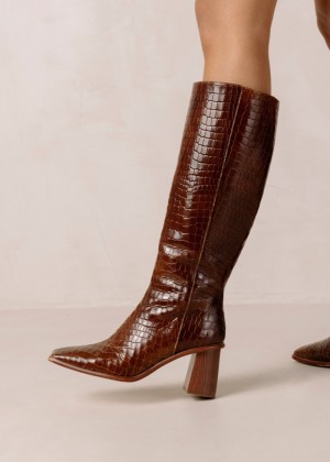 Women's Alohas East Croc Leather Knee-high Boots With Block Heel Knee High Boots Brown NZ | Y3E-6090