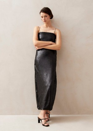 Women's Alohas Elmi Sequin Slip Dress Dresses Black NZ | R2N-8843