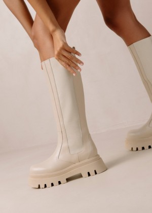 Women's Alohas Go Getter Leather Riding Boots With Track Soles Knee High Boots White NZ | N7R-4075