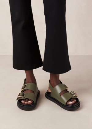 Women's Alohas Harper Leather Two-strap Sandals Sandals Green NZ | L4J-5716