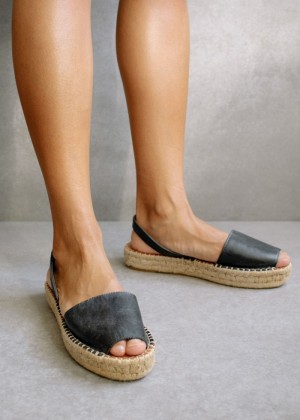 Women's Alohas Ibizas Leather Espadrille Sandals Sandals Black NZ | O6Q-6181