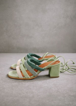 Women's Alohas Letizia Suede Block Heel Sandals Heels Green NZ | U5D-0833