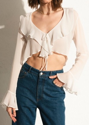 Women's Alohas Linn Long Sleeve Ruffle Crop Top Tops White NZ | F7Z-4369