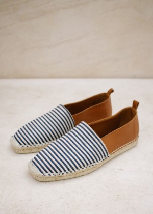 Women's Alohas Naval Leather Espadrilles With Rope Sole Espadrilles Navy Blue NZ | O1S-4787