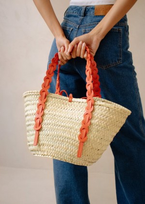 Women's Alohas Palmette Straw Bag With Leather Straps Handbags Orange NZ | R7F-4610