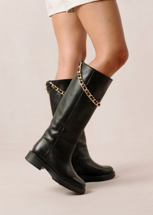 Women's Alohas Pier Leather Tall Boots With Chain Knee High Boots Black NZ | K3N-7866