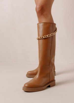 Women's Alohas Pier Leather Tall Boots With Chain Knee High Boots Brown NZ | B8C-8626