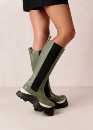 Women's Alohas Roxie Chess Leather Knee-high Boots With Platform Soles Chelsea Boots Green NZ | Z4F-2537