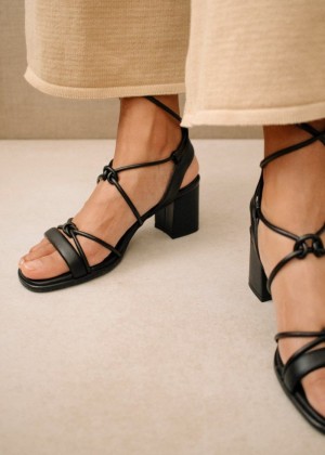 Women's Alohas Sophie Vegan Leather Lace-up Sandals With Block Heel Sandals Black NZ | F7E-6545