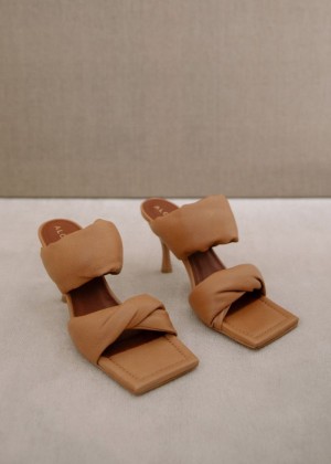 Women's Alohas Twist Strap Leather Two-strap Mules With Stiletto Heel Mules Brown NZ | E0R-3993