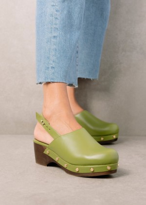 Women's Alohas Vinyl Leather Clogs With Wooden Heel Clogs Green NZ | P9H-8870