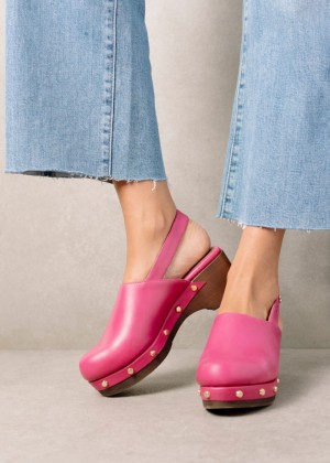 Women's Alohas Vinyl Leather Clogs With Wooden Heel Clogs Pink NZ | H0O-2462