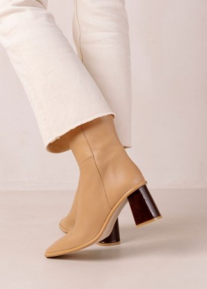 Women's Alohas West Leather Ankle Boots With Block Heel Ankle Boots Beige NZ | F1K-8369