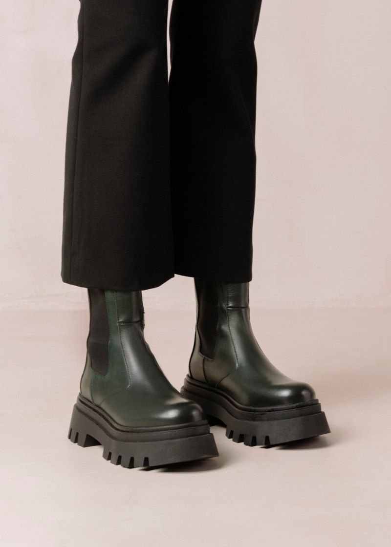 Women's Alohas All Rounder Leather Chelsea Boots With Track Soles Platform Boots Dark Green NZ | A5Y-0393