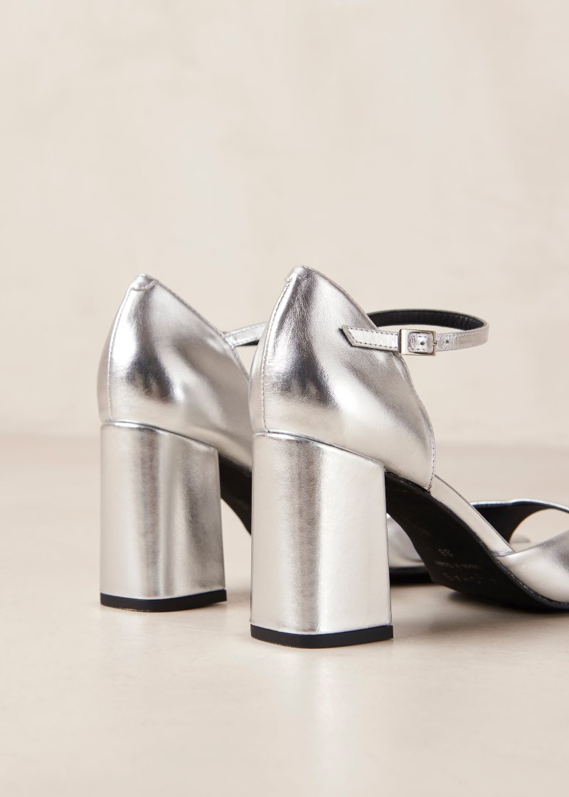 Women's Alohas Argil Leather Ankle Strap Heels Heels Silver NZ | X1T-3524