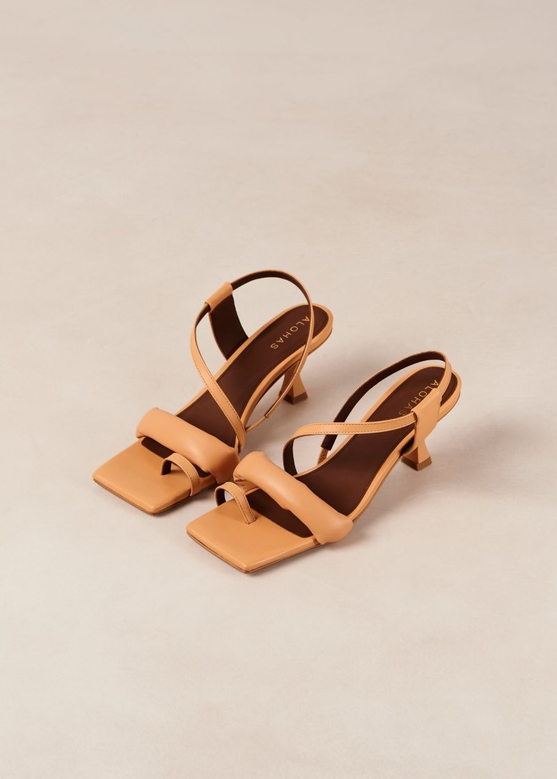 Women's Alohas Asymmetric Straps Leather Strappy Sandals With Kitten Heel Heels Orange NZ | P5K-5943