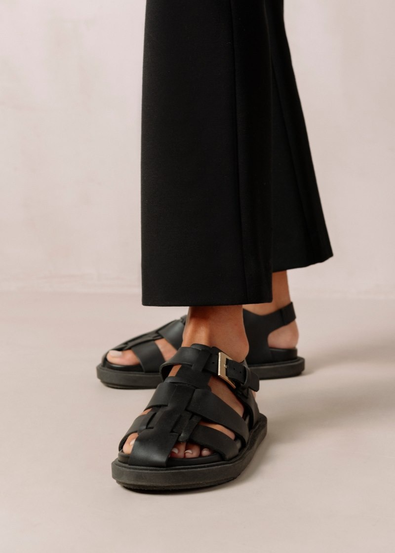 Women's Alohas Backbone Leather Fisherman Sandals Sandals Black NZ | H5Z-7579