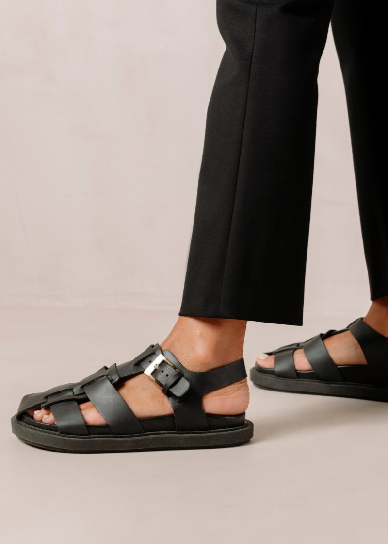 Women's Alohas Backbone Leather Fisherman Sandals Sandals Black NZ | H5Z-7579