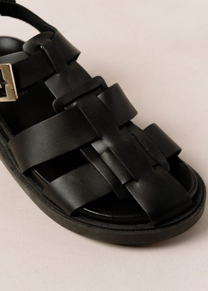 Women's Alohas Backbone Leather Fisherman Sandals Sandals Black NZ | H5Z-7579