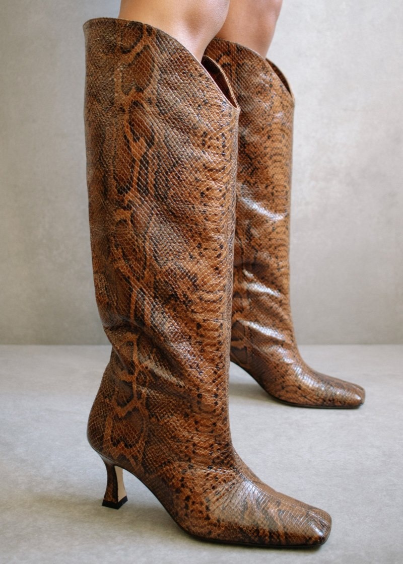 Women's Alohas Billy Indo Snake-effect Leather Knee-high Boots With Stiletto Heel Knee High Boots Brown NZ | F2B-4588