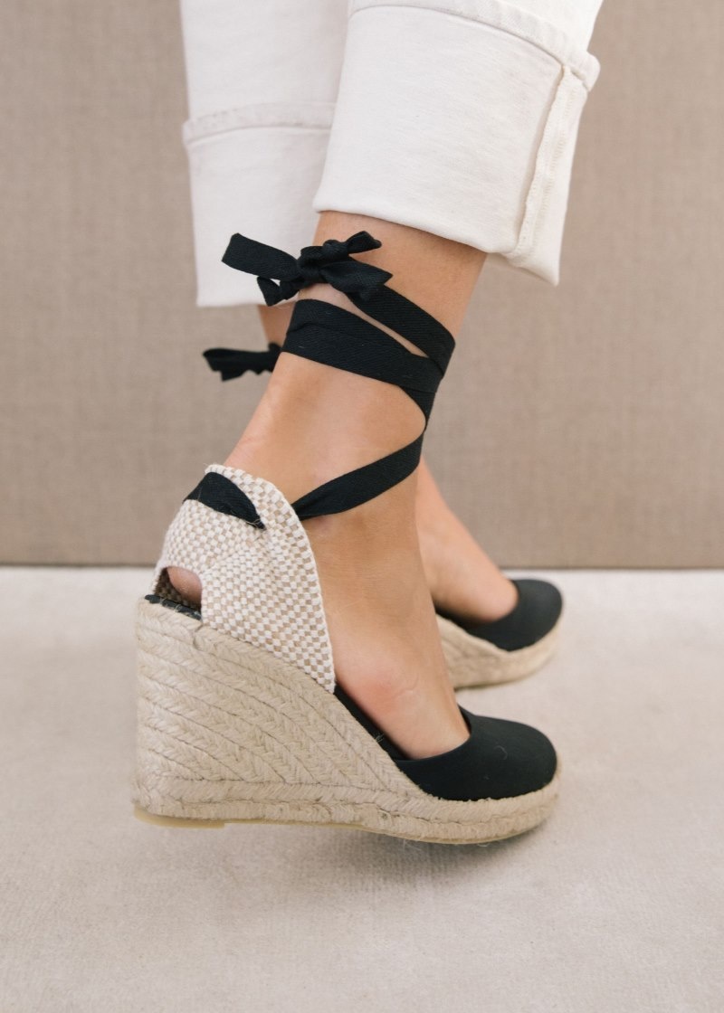 Women's Alohas Clara by Day Canvas Espadrille Wedges Heels Black NZ | V5D-1199