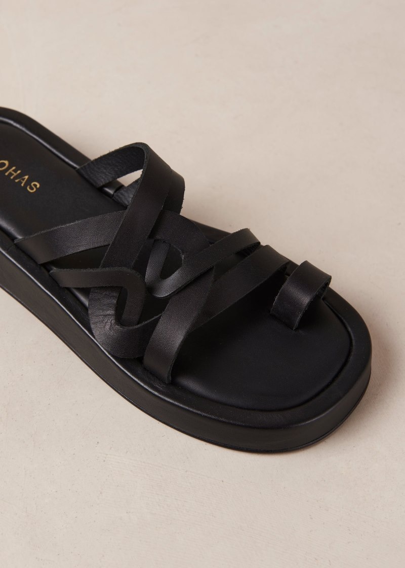 Women's Alohas Cool Leather Toe-ring Slide Sandals Sandals Black NZ | Q8X-1690