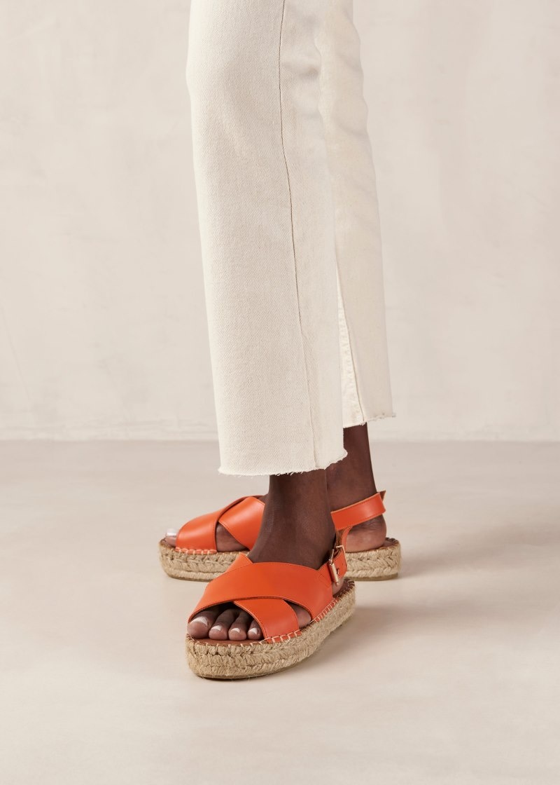 Women's Alohas Crossed Leather Cross-strap Espadrilles With Platform Soles Espadrilles Orange NZ | W4N-6712