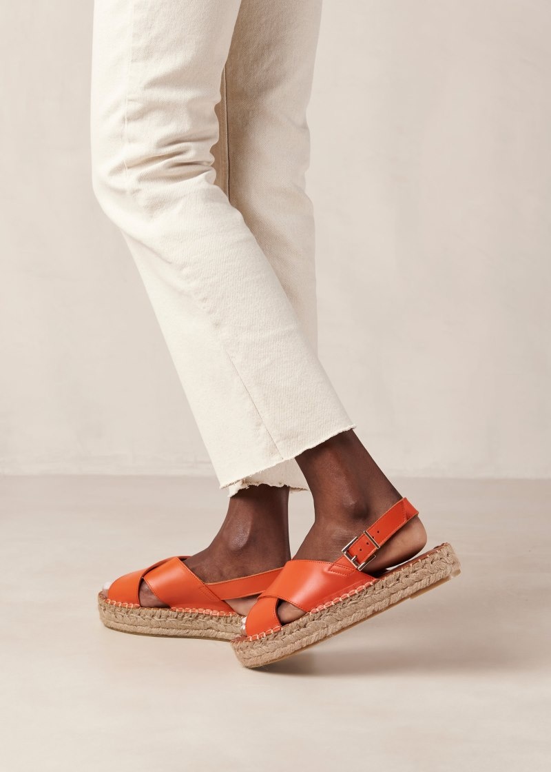 Women's Alohas Crossed Leather Cross-strap Espadrilles With Platform Soles Espadrilles Orange NZ | W4N-6712