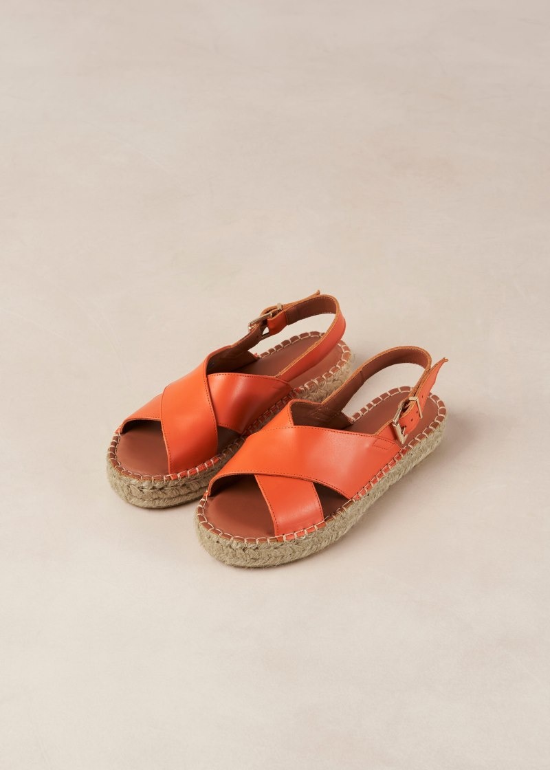 Women's Alohas Crossed Leather Cross-strap Espadrilles With Platform Soles Espadrilles Orange NZ | W4N-6712