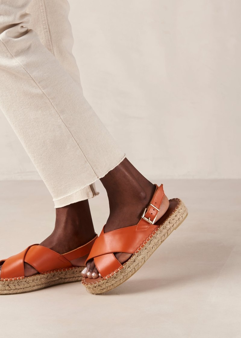 Women's Alohas Crossed Leather Cross-strap Espadrilles With Platform Soles Sandals Orange NZ | E8S-1728