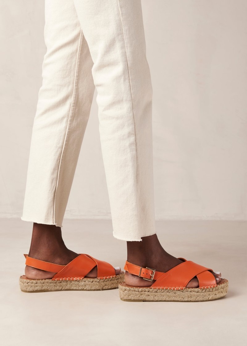 Women's Alohas Crossed Leather Cross-strap Espadrilles With Platform Soles Sandals Orange NZ | E8S-1728