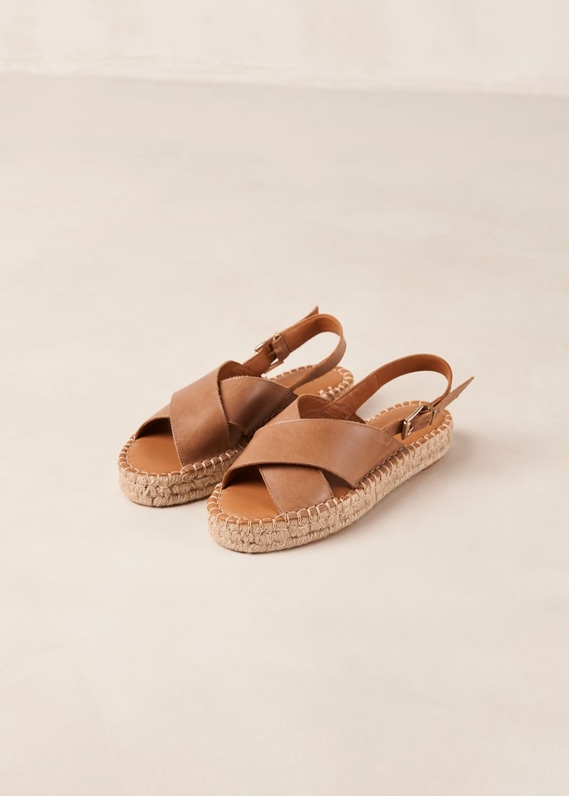 Women's Alohas Crossed Leather Cross-strap Espadrilles With Platform Soles Espadrilles Brown NZ | L0D-9723