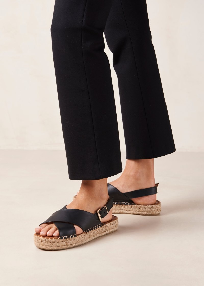 Women's Alohas Crossed Leather Cross-strap Espadrilles With Platform Soles Espadrilles Black NZ | H4Y-3604