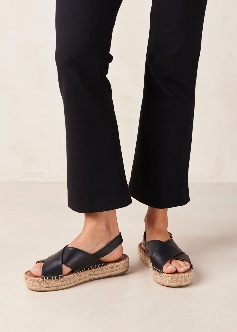 Women's Alohas Crossed Leather Cross-strap Espadrilles With Platform Soles Espadrilles Black NZ | H4Y-3604