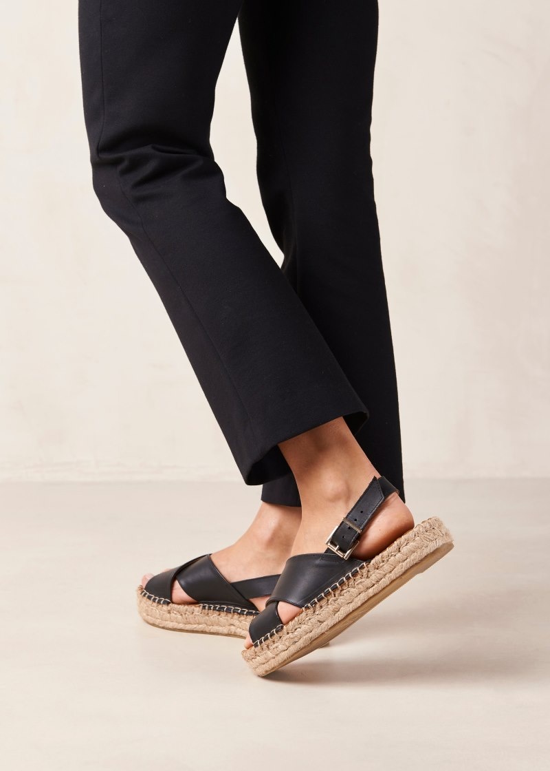 Women's Alohas Crossed Leather Cross-strap Espadrilles With Platform Soles Espadrilles Black NZ | H4Y-3604