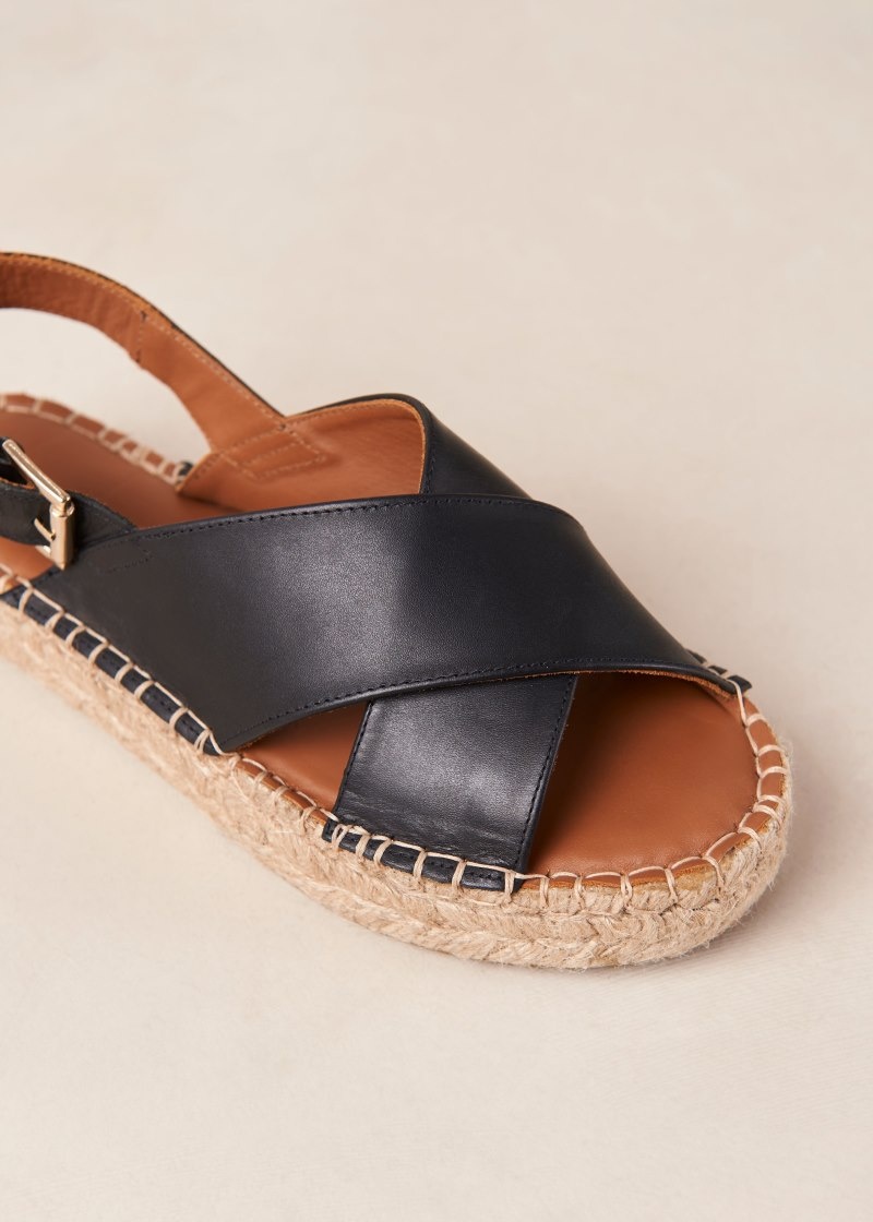 Women's Alohas Crossed Leather Cross-strap Espadrilles With Platform Soles Espadrilles Black NZ | H4Y-3604