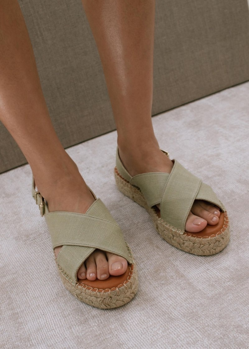 Women's Alohas Crossed Linen Cotton Canvas Cross-strap Espadrilles With Platform Soles Sandals Green NZ | X8D-6277