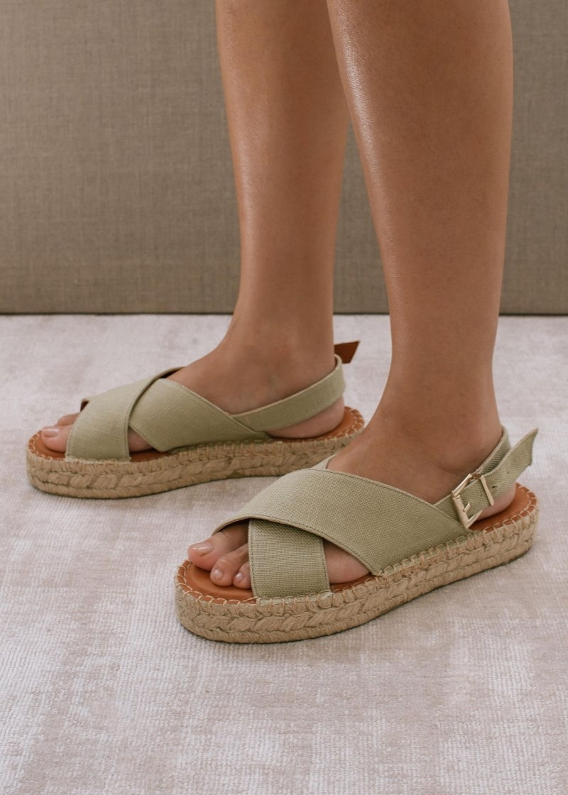 Women's Alohas Crossed Linen Cotton Canvas Cross-strap Espadrilles With Platform Soles Sandals Green NZ | X8D-6277