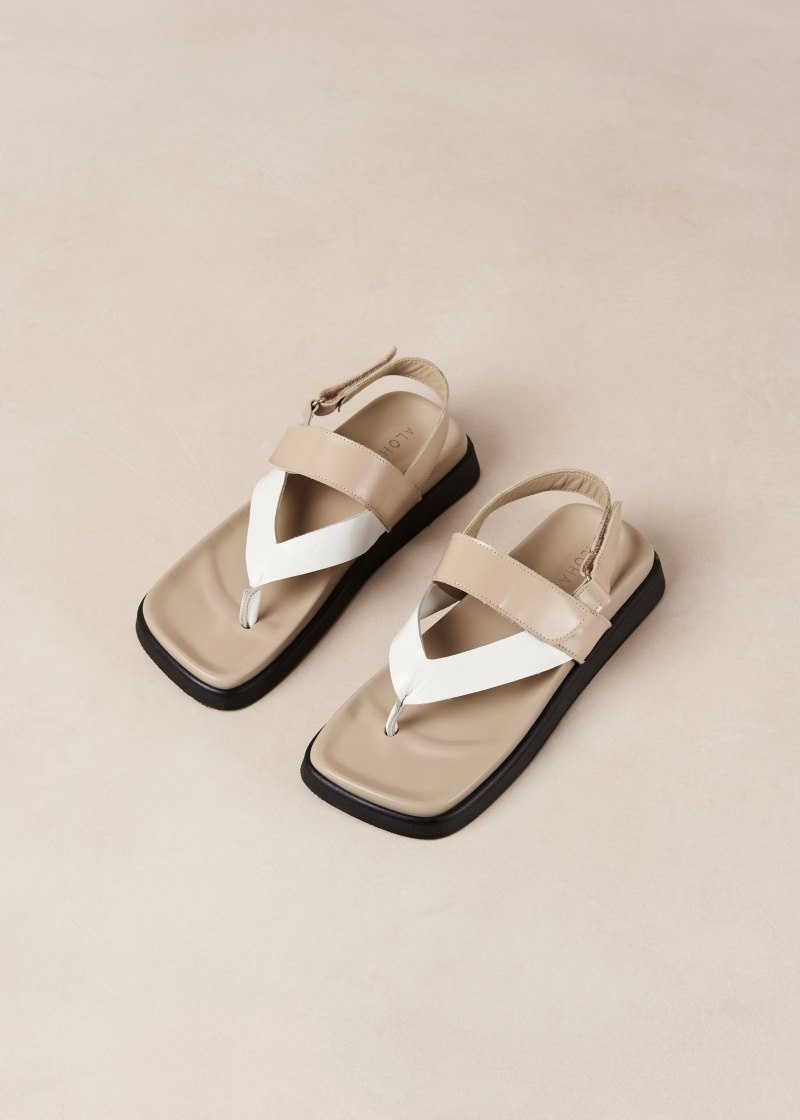 Women's Alohas Decade Leather Thong Sandals With Ankle Strap Sandals White / Brown NZ | O4X-4885