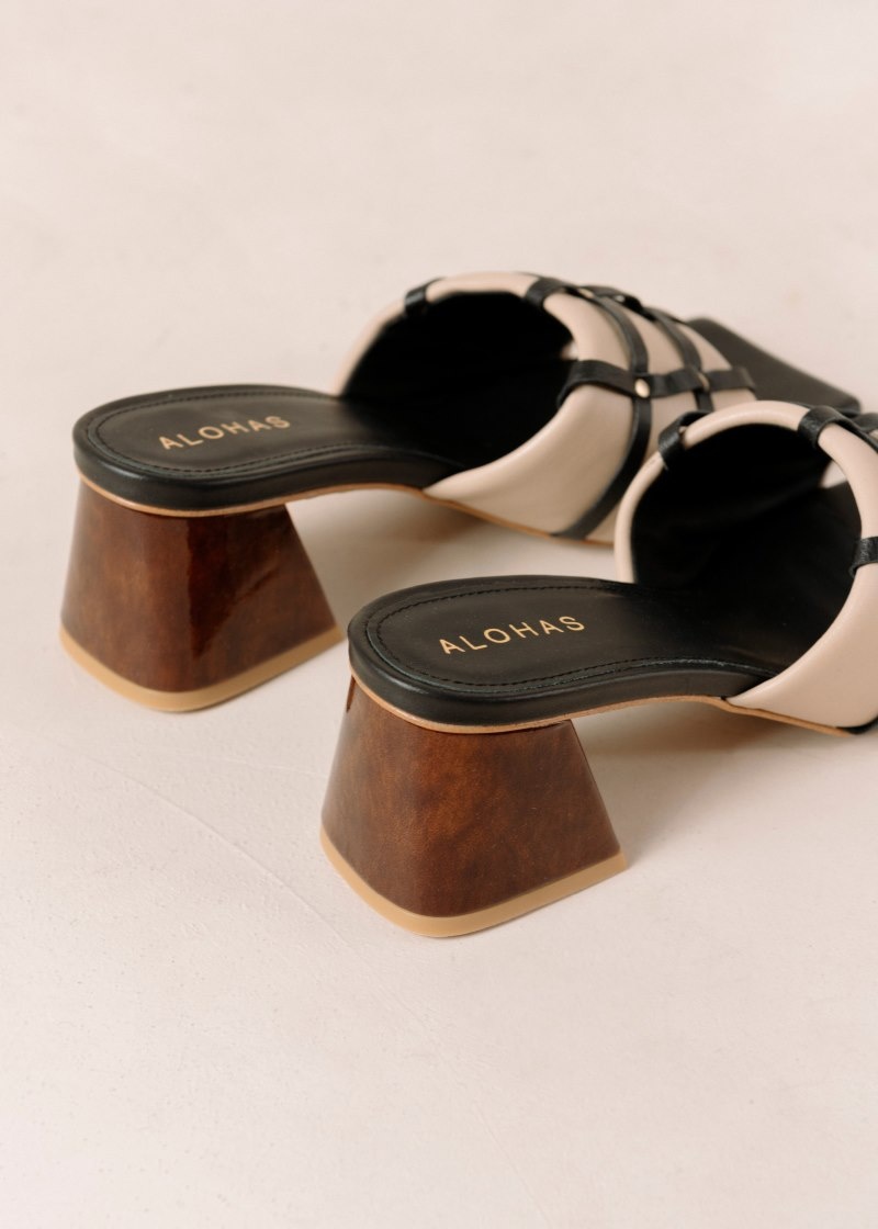 Women's Alohas Diorite Leather Mules With Block Heel Sandals Black / Beige NZ | T5F-3107