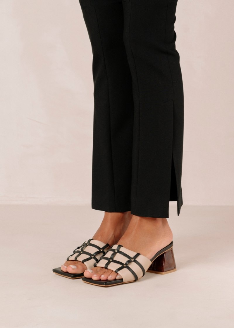 Women's Alohas Diorite Leather Mules With Block Heel Sandals Black / Beige NZ | T5F-3107